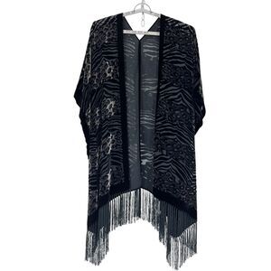 Velvet Burnout Kimono OSFM L/XL Long Duster Fringe Animal Print 100% Silk Base